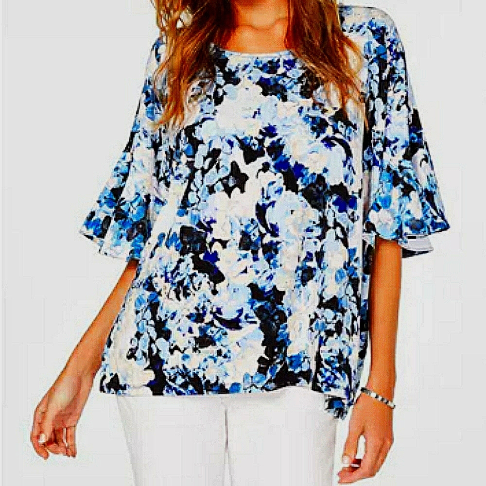 Floral Print Ruffled Top Blue Size …